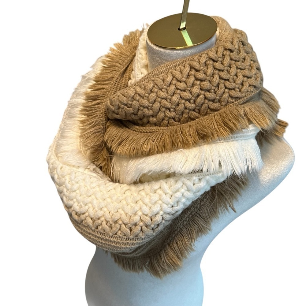 Infinity Loop Scarf, Tan Cream and White, Super Soft Knit